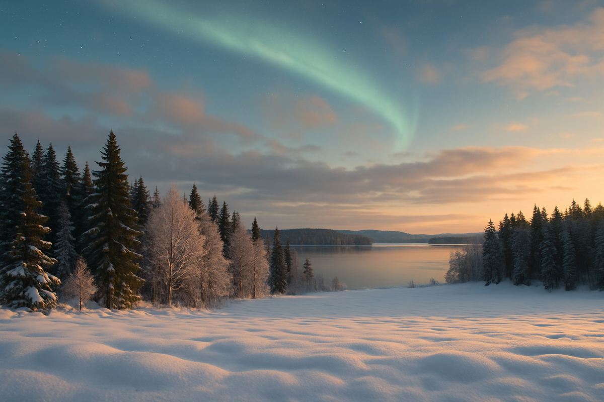 A serene Finnish winter landscape blends soft snowfields, frosted forests, a calm lake and a pale aurora under a glowing northern sky.