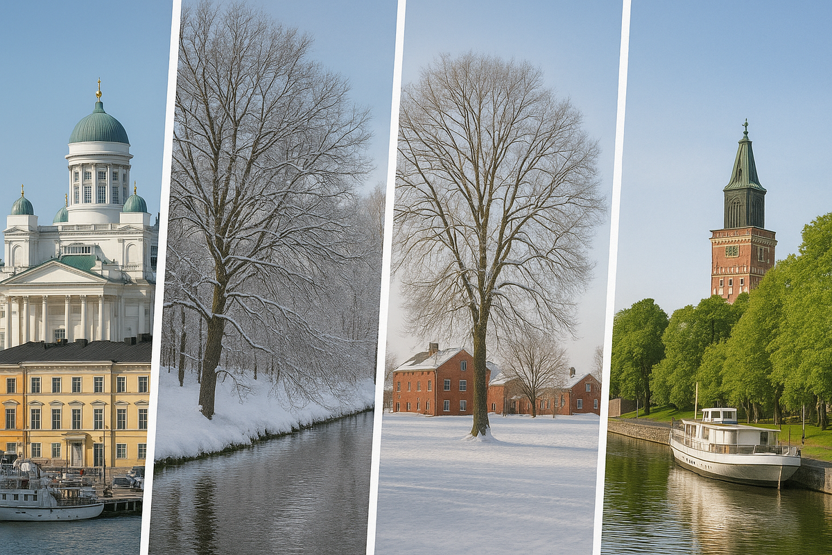 A smooth horizontal collage blends summer and winter scenes from Helsinki, Tampere, Oulu, and Turku, highlighting Finland’s contrasting landscapes and city atmospheres.