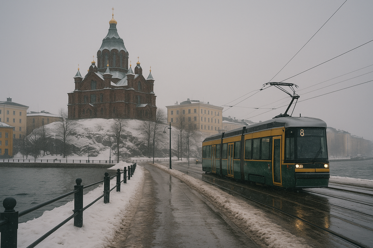 A windy Helsinki shoreline in winter shows gray skies, icy water, melting snow, and a solitary seagull capturing the city’s mild, humid, ever-changing cold season.